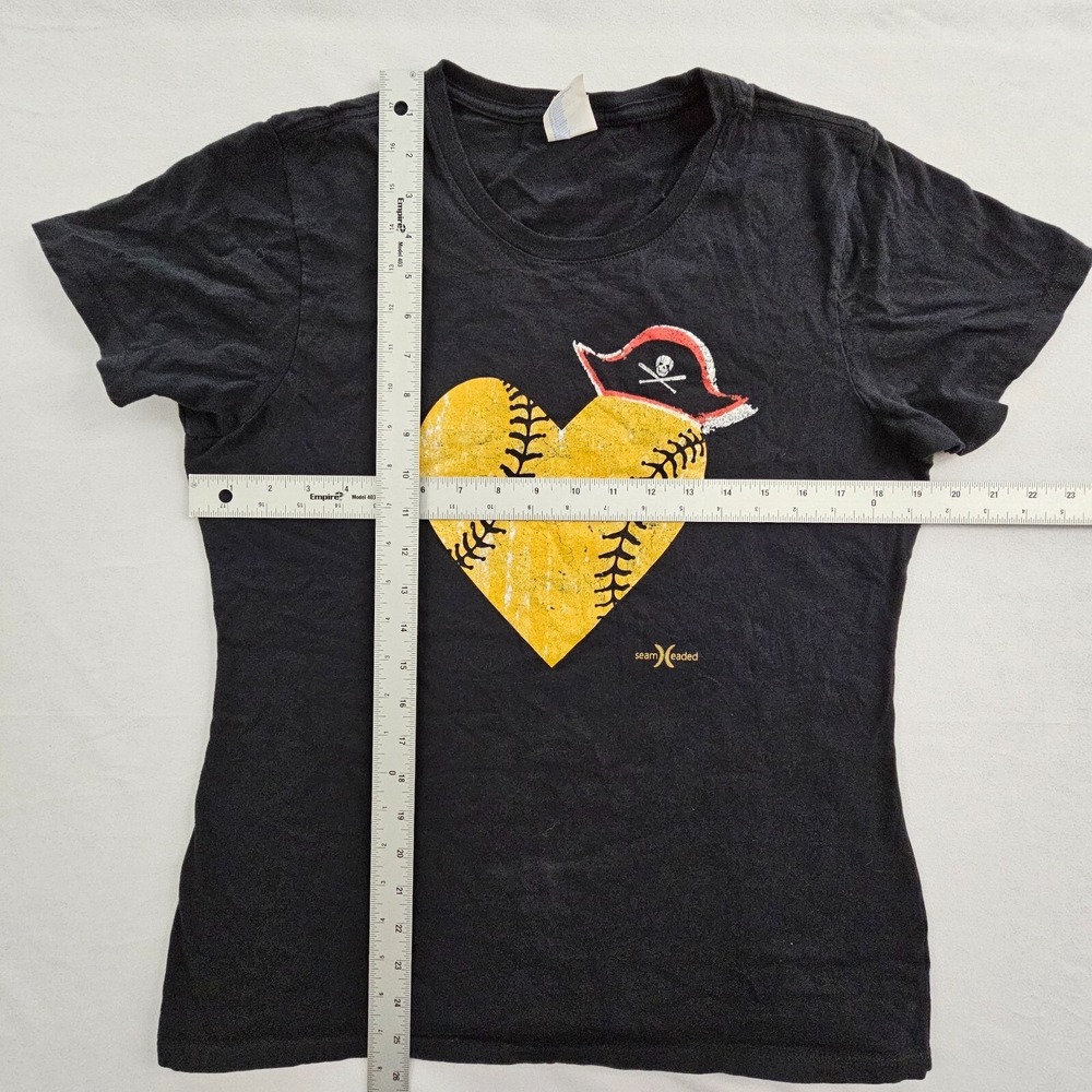 Seam Headed Baseball Heart Pirate Black Short Sleeve Cotton T-Shirt Women's L - Picture 7 of 9